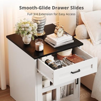 Farmhouse End Table, 18" Side Table with Drawer and Barn Door Storage, Wood Sofa Side Bedside Table for Living Room, Bedroom (White) - size: 1PCS