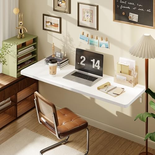 Dogsky 48" x 16" Floating Wall Desk, Fold Down Wall Table - 300 lbs Heavy Duty Solid Pine Wall Mount Folding Desk for Home Office, Laundry Room, Kitchen & Small Apartment, White - color: White, size: 48'' x 15.7'' x 8.3''
