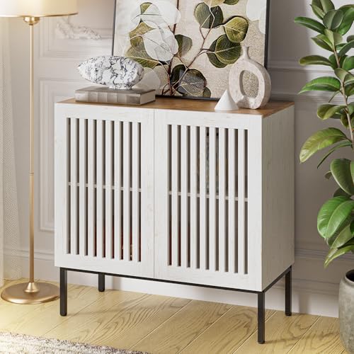 BVIUNTWO 31.5" Farmhouse Buffet Cabinet with Metal Base, Adjustable Shelf & 2 Doors, Antique White Storage Sideboard for Kitchen, Dining & Living Room - color: White, size: 32 Inch
