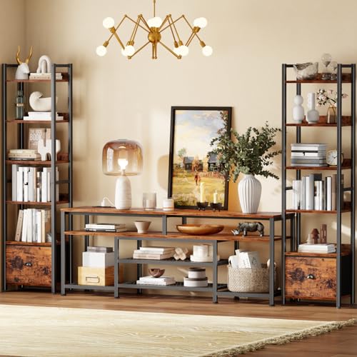 Furologee Book Shelf Set of 2, 6 Tier Tall Shelf with Drawer, Bookshelves and Bookcases Set of 2, Industrial Display Shelving Unit for Bedroom, Living Room, Home Office, Rustic Brown - color: Rustic Brown, size: 6 Tier-2 PCS