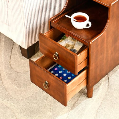 Narrow End Side Table Set of 2 with 2 Drawers and Pull-Out Tray, No-Tools Assembly Sofa Beside Table for Living Room, Slim Side Table with Wood Legs, 11.8”W x 21.6”L x 22.9”H Caramel Brown BG-A1359-MG - style: 2*End Table with 2 Drawers
