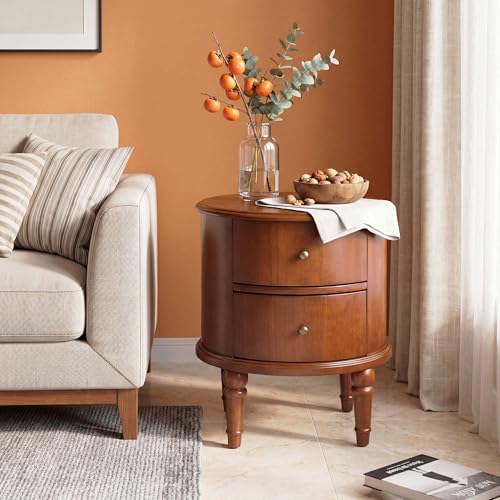 Round Solid Wood End Table with 2 Drawers and Fully Assembly | Beside Table for Couch, American Style Nightstand for Bedroom, Telephone Table for Living Room, Small Space Accent Table - size: 20.1" H End Table