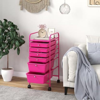 DREAMADE Rolling Cart with Storage Drawers, Utility Cart w/Removable Plastic Drawers, Lockable Wheels, Art Cart for Classroom Organization Art Supplies Office Scrapbook (6 Drawers, Hot Pink) - color: Hot Pink, style: 6 Drawers