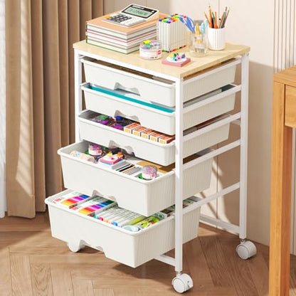 Goovilla Rolling Cart with Drawers, Utility Cart Organizer With 5 Removable Drawers and Wooden Tabletop, Lockable Rolling Storage Organizer for Art, Classroom, Home, Dorm, Office, Craft Storage, White - size: White