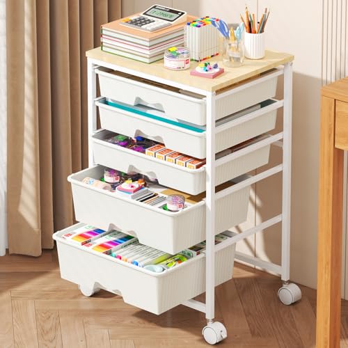 Goovilla Rolling Cart with Drawers, Utility Cart Organizer With 5 Removable Drawers and Wooden Tabletop, Lockable Rolling Storage Organizer for Art, Classroom, Home, Dorm, Office, Craft Storage, White - size: White