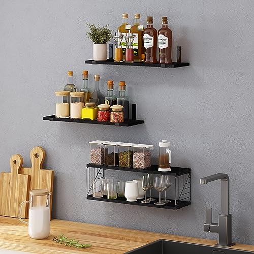 Fixwal 3+1 Tier Bathroom Floating Shelves Over Toilet, Black | Black Wood Shelf Set with Toilet Paper Storage Basket, Natural Finish, 40Lb Weight Limit, Quick Mount, Versatile - color: Black