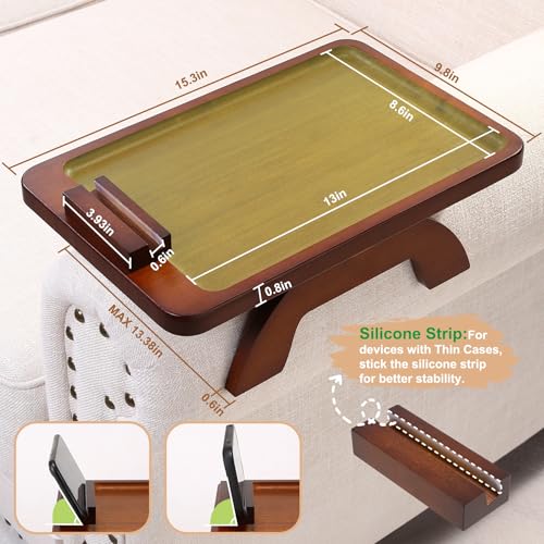 SINWANT Couch Arm Tray with 360° Rotating Phone Holder,Bamboo 15.35"x9.85" Folding Wide Sofa Arm Tray,Anti Slip Clip on Side Table Couch Armrest for Snacks,Drinks,Remotes - color: Walnut