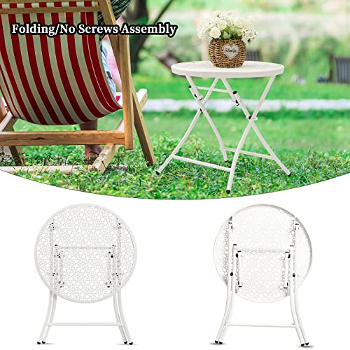 TeoKJ Folding Outdoor Side Tables, Anti Rust Small Patio Table Round Metal Nightstand with Flower Cutouts for Porch Yard Balcony Deck Lawn, White - color: White