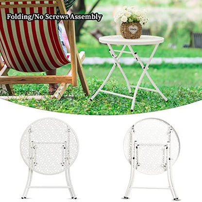 TeoKJ Folding Outdoor Side Tables, Anti Rust Small Patio Table Round Metal Nightstand with Flower Cutouts for Porch Yard Balcony Deck Lawn, White - color: White