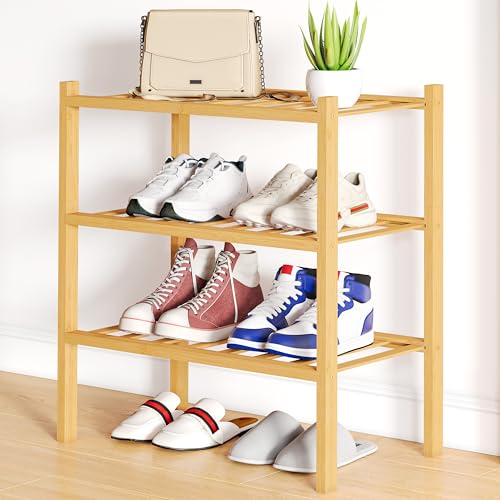 Smiry Small Bamboo Shoe Rack, 3 Tier Free Standing Wooden Shoe Organizer, Stackable Wood Shoe Storage Shelf for Closet, Entryway, 12 Vertical Slats, 2+1 Stack Standard Legs, 17.3"x11"x19.5", Natural - color: Natural, size: 17.32" Wide - 3 Tier - Regular