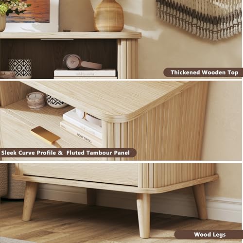 Fluted Nightstand, Night Stand with Charging Station, Mid Century Modern Bedside Table with Drawer & Open Shelf, Curved Profile Design, End Side Table with Storage for Bedroom, Oak - color: Natural Oak