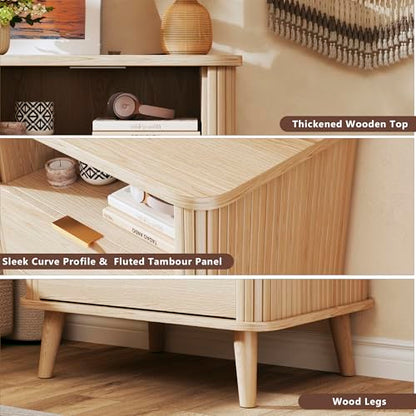 Fluted Nightstand, Night Stand with Charging Station, Mid Century Modern Bedside Table with Drawer & Open Shelf, Curved Profile Design, End Side Table with Storage for Bedroom, Oak - color: Natural Oak