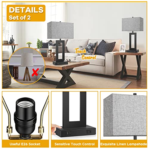 Set of 2 Modern Touch Control Table Lamps with 2 USB Ports, 22’’ Large Bedside Nightstand Lamps 3-Way Dimmable Desk Lamp With Grey Fabric Shade For Bedrooms Living Room Reading, 2 LED Bulbs Included | 3 Way Dimmable, Touch Control, Grey Fabric Shade, E26