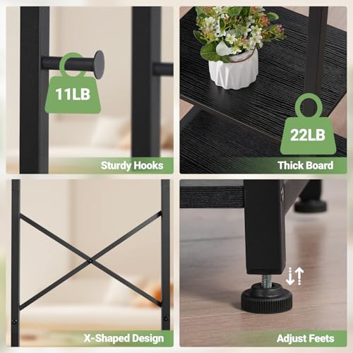 ELYKEN Coat Rack Freestanding, Hall Tree with 3 Storage Shelves and 12 Hooks, Metal Clothes Rack Stand Organizer for Bedroom, Hallway, Entryway, Office, Living Room, Black - color: Black