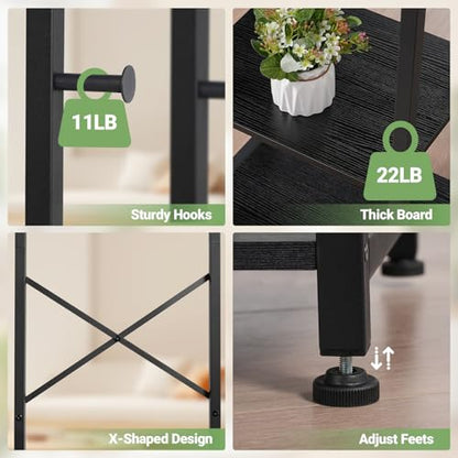 ELYKEN Coat Rack Freestanding, Hall Tree with 3 Storage Shelves and 12 Hooks, Metal Clothes Rack Stand Organizer for Bedroom, Hallway, Entryway, Office, Living Room, Black - color: Black