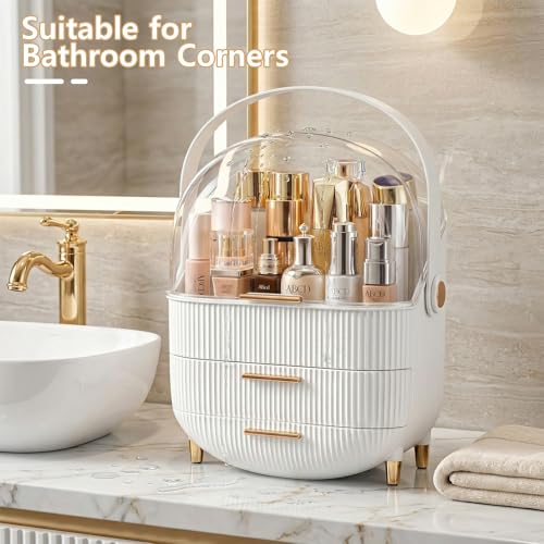 NestOrganix Makeup Organizer With Drawers for Cosmetic White | Clear lid cosmetic display case, fits bathroom & vanity, holds lipstick, mask & skincare - color: White & Gold