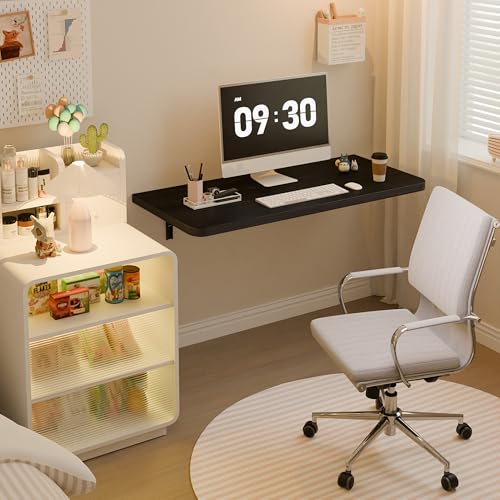 Dogsky 36" x 14" Floating Wall Desk, Fold Down Wall Table - 200 lbs Heavy Duty Solid Pine Wall Mount Folding Desk for Home Office, Laundry Room, Kitchen & Small Apartment, Black - color: Black, size: 36'' x 13.7'' x 6.3''