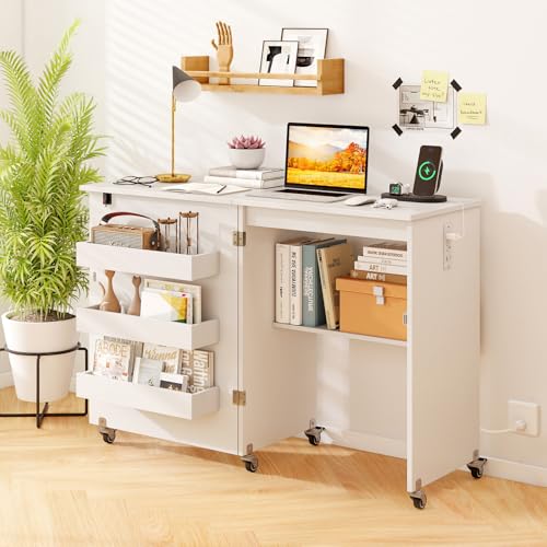 DREAMADE Folding Sewing Table with Storage, Craft Table w/Charging Station, 5 Lockable Wheels, Storage Bins & Shelf, Sewing Machine Desk for Home Office, Apartment, Studio (White) - color: White
