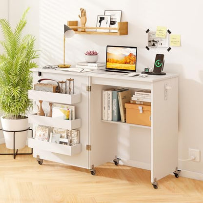 DREAMADE Folding Sewing Table with Storage, Craft Table w/Charging Station, 5 Lockable Wheels, Storage Bins & Shelf, Sewing Machine Desk for Home Office, Apartment, Studio (White) - color: White