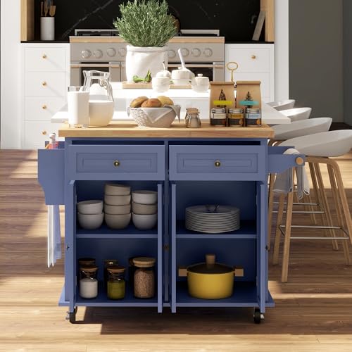 HOMCOM Kitchen Island Cart with Solid Wood Top, 44" Mobile Kitchen Island Table on Wheels with Storage Cabinets, 2 Drawers, Adjustable Shelves, Spice Rack & Towel Bar for Dining Room, Navy Blue - color: Navy Blue