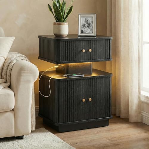 Black Nightstand with Charging Station and LED Light, Fluted Bedside Table with 1 Drawer and Storage Cabinet, Modern Ribbed End Table with USB Ports & Outlets for Bedroom, Living Room - color: Black