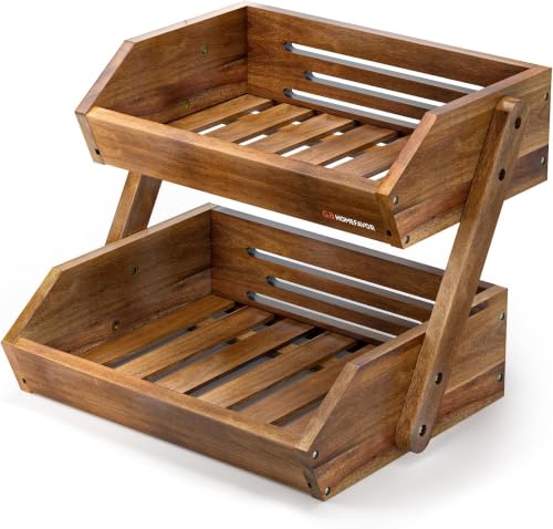G.a HOMEFAVOR Fruit Basket: 2-Tier Acacia Wood Fruit Bowl for Kitchen, Fruit Stand Storage Holder for Vegetables and Snack Home Kitchen Countertop Organizer (Self-assembly) - color: Acacia Wood, size: 2-Tier