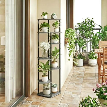 52.4” Tall 7-Tier Multiple Plant Stand Indoor, Oak Grey | Functions as Corner Flower Pots, Shelf, Decor Rack, Holder; Metal Frame with MDF Boards; for Living Room, Balcony