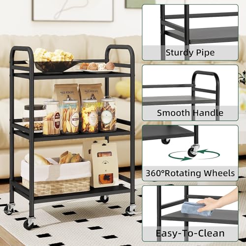 DCLRN 3 Tier Rolling Cart,Storage Organizer Cart,Multifunctional Storage Shelves,Rolling Metal Organization Cart with Handle and Lockable Wheels,for Home,Office,Kitchen,Bathroom(Black) - size: Small