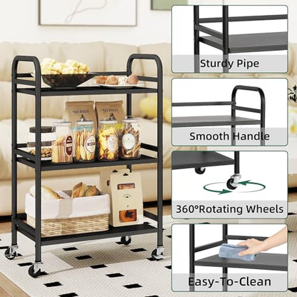DCLRN 3 Tier Rolling Cart,Storage Organizer Cart,Multifunctional Storage Shelves,Rolling Metal Organization Cart with Handle and Lockable Wheels,for Home,Office,Kitchen,Bathroom(Black) - size: Small