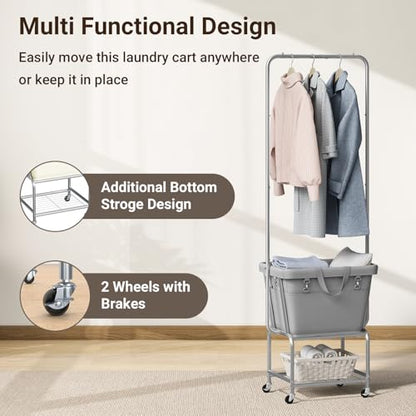 ELYKEN Laundry Cart with Hanging Rack, Rolling Laundry Hamper with Wheels, Laundry Basket with Removable Liner Bag and Shelf, Sturdy Metal Frame Dirty Clothes Basket for Hotel, Home, Closet, Dorm