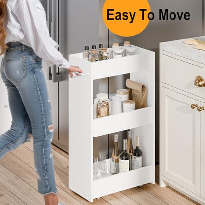 MARTY Slim Rolling Storage Cart 7.9" W Laundry Cart with Wheels,Wood, White | Narrow Utility Cart Between Washer and Dryer, 3 Tier Mobile Shelving Unit for Kitchen, Laundry, Bathroom, Office, Living Room - color: White