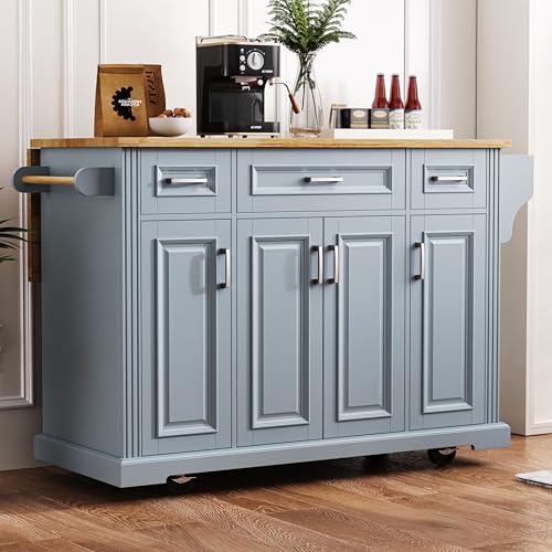 Large Kitchen Island with Rubber Wood Drop Leaf, Rolling Kitchen Cart with Ample Storage on Wheels with Doors and Drawers, Embossed Texture for Dining Room (54Inch, Grey, Silver Handle) - color: Grey Blue, size: 54 Inch
