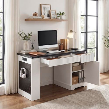 55" Modern Fluted Office Desk with Storage Cabinet & Drawers, Computer Writing Desk with Power Outlet, Pegboard, Built-in Shelves & Keyboard Tray for Study, Home Office, White - color: White