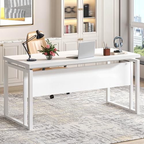 EXCEFUR White Computer Desk, Simple Wood and Metal Home Office Desk, Modern Study Writing Table Workstations for Living Room Bedroom, 53 Inch - color: White
