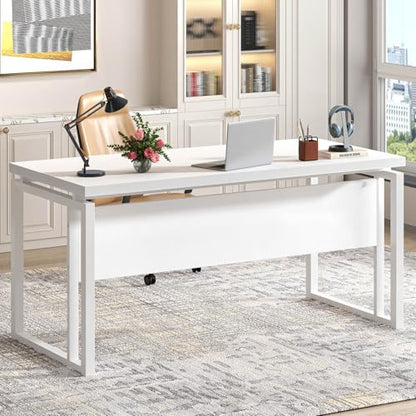 EXCEFUR White Computer Desk, Simple Wood and Metal Home Office Desk, Modern Study Writing Table Workstations for Living Room Bedroom, 53 Inch - color: White