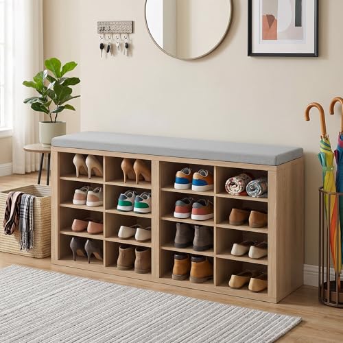 AMONIDA Shoe Storage Bench with Cushion, Entryway Bench with 16 Cubbies, 4-Tier Organizer Bench with Removable Dividers for Hallway Living Room (Natural Wood Color, Light Grey) - color: Natural Wood Color + Light Grey
