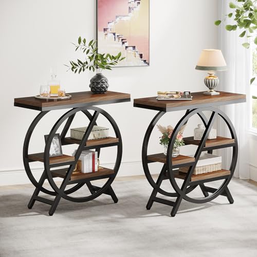 Tribesigns End Table for Living Room, 3-Tier Narrow Side Table with Storage, Wood Sofa Side Table with Geometric Metal Frame, Industrial Nightstand and Bedside Table for Bedroom - color: Rustic Brown