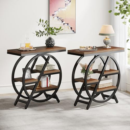 Tribesigns End Table for Living Room, 3-Tier Narrow Side Table with Storage, Wood Sofa Side Table with Geometric Metal Frame, Industrial Nightstand and Bedside Table for Bedroom - color: Rustic Brown