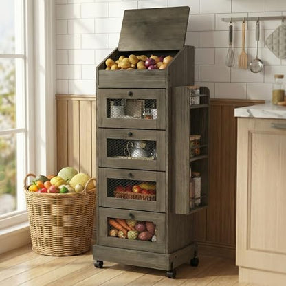ARTETHYS Potato Storage Bin 5-Tier Rolling White Bread Box with Side Rack | Onion Keeper with Spice Rack on Wheels, Movable Fruit & Vegetable Container with 4 Ventilated Drawers for Kitchen - color: Gray