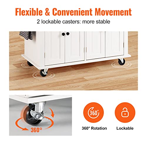 VEVOR Kitchen Island Cart with Solid Wood Top, 35.4" Width Mobile Carts with Storage Cabinet, Rolling Kitchen Table with Spice Rack, Towel Rack, and Drawer, Portable Islands on Wheels, White | Rolling Kitchen Table with Storage Cabinet, Spice Rack, Towel