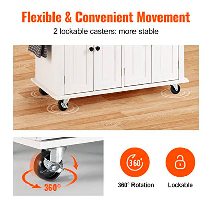 VEVOR Kitchen Island Cart with Solid Wood Top, 35.4" Width Mobile Carts with Storage Cabinet, Rolling Kitchen Table with Spice Rack, Towel Rack, and Drawer, Portable Islands on Wheels, White | Rolling Kitchen Table with Storage Cabinet, Spice Rack, Towel