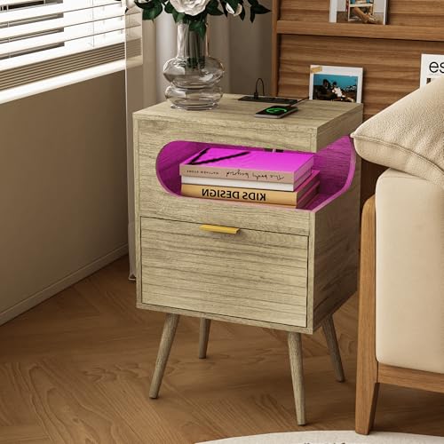 Veegle Nightstand,Modern Bedside Table with Storage Drawer and Open Wood Shelf, Accent Night Stand with Solid Wood Legs for Living Room, Bedroom and Small Spaces,Easy Assembly (Grey Oak-1) - color: Grey Oak-1