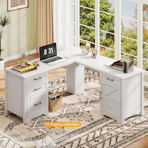 Halitaa 59” Farmhouse L Shaped Executive Desk with File Drawer, Cream White | Home Office Desk with Storage Cabinet, Wood Corner Sturdy Writing Workstation
