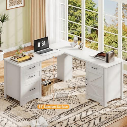 Halitaa 59” Farmhouse L Shaped Executive Desk with File Drawer, Cream White | Home Office Desk with Storage Cabinet, Wood Corner Sturdy Writing Workstation