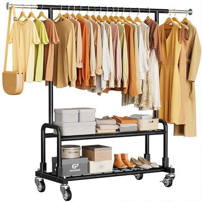 Luxspire Rolling Heavy Duty Clothes Rack with 2 Sturdy Shelves Load 600 LBS | Zinc-iron alloy frame, lockable silent wheels, adjustable extendable rods for bedroom and laundry room garment storage - color: Black
