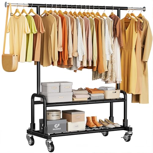 Luxspire Rolling Heavy Duty Clothes Rack with 2 Sturdy Shelves Load 600 LBS | Zinc-iron alloy frame, lockable silent wheels, adjustable extendable rods for bedroom and laundry room garment storage - color: Black