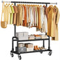 Luxspire Rolling Heavy Duty Clothes Rack with 2 Sturdy Shelves Load 600 LBS | Zinc-iron alloy frame, lockable silent wheels, adjustable extendable rods for bedroom and laundry room garment storage - color: Black