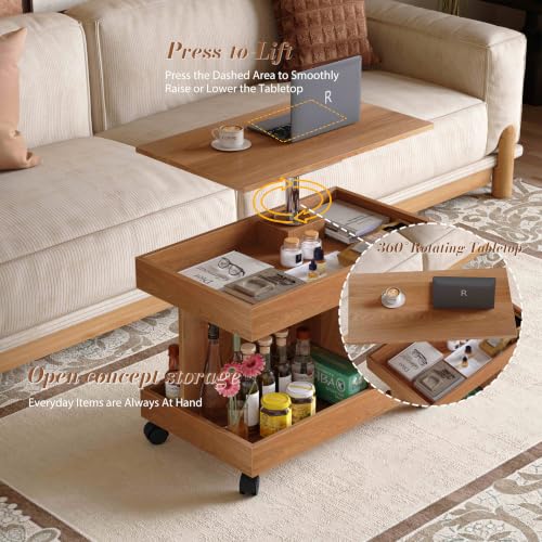 Multifunctional End Table with Wheels and 360° Rotating Desktop | Rolling Design, Storage Compartment, Sofa Side Narrow Table, Bedside Use, Living Room & Bedroom - color: Natural-7.15
