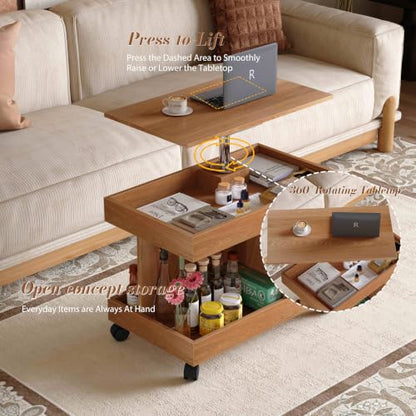Multifunctional End Table with Wheels and 360° Rotating Desktop | Rolling Design, Storage Compartment, Sofa Side Narrow Table, Bedside Use, Living Room & Bedroom - color: Natural-7.15