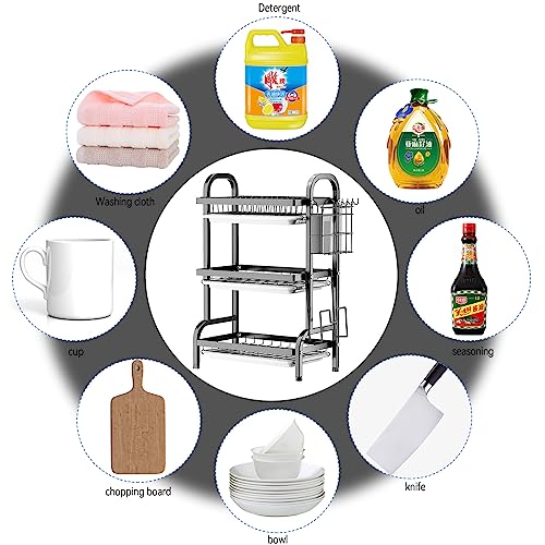 Goldmeet 3 Tier Dish Drying Rack, Large Stainless Steel Over The Sink Dish with Drain Tray, Kitchen Dishes Drying Racks, Dish Racks for Kitchen Counter Storage (Black)